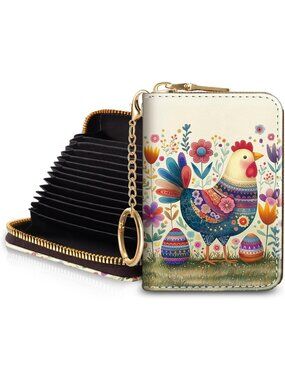 Women Chicken Flower RFID Credit Card Holder Bird Keychain Travel Zipper Wallet